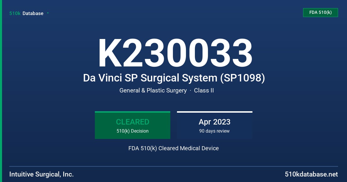 K230033 Da Vinci SP Surgical System (SP1098) FDA 510(k) Cleared Medical Device