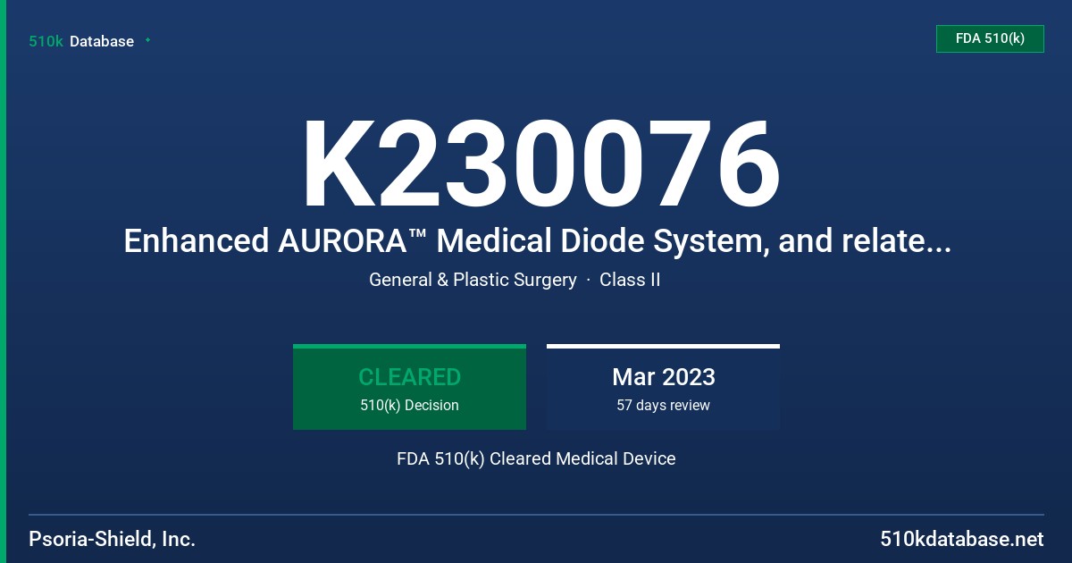 K230076 Enhanced AURORA™ Medical Diode System, and related accessories FDA 510(k) Cleared Medical Device