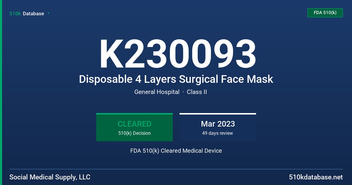 K230093 Disposable 4 Layers Surgical Face Mask FDA 510(k) Cleared Medical Device