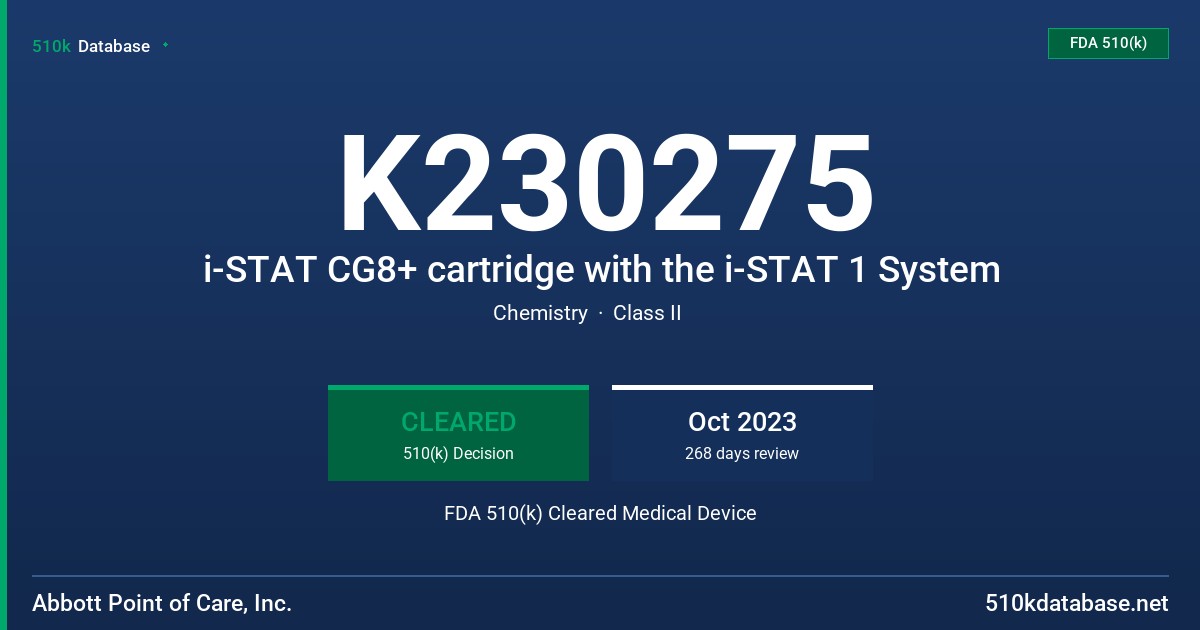 K230275 i-STAT CG8+ cartridge with the i-STAT 1 System FDA 510(k) Cleared Medical Device