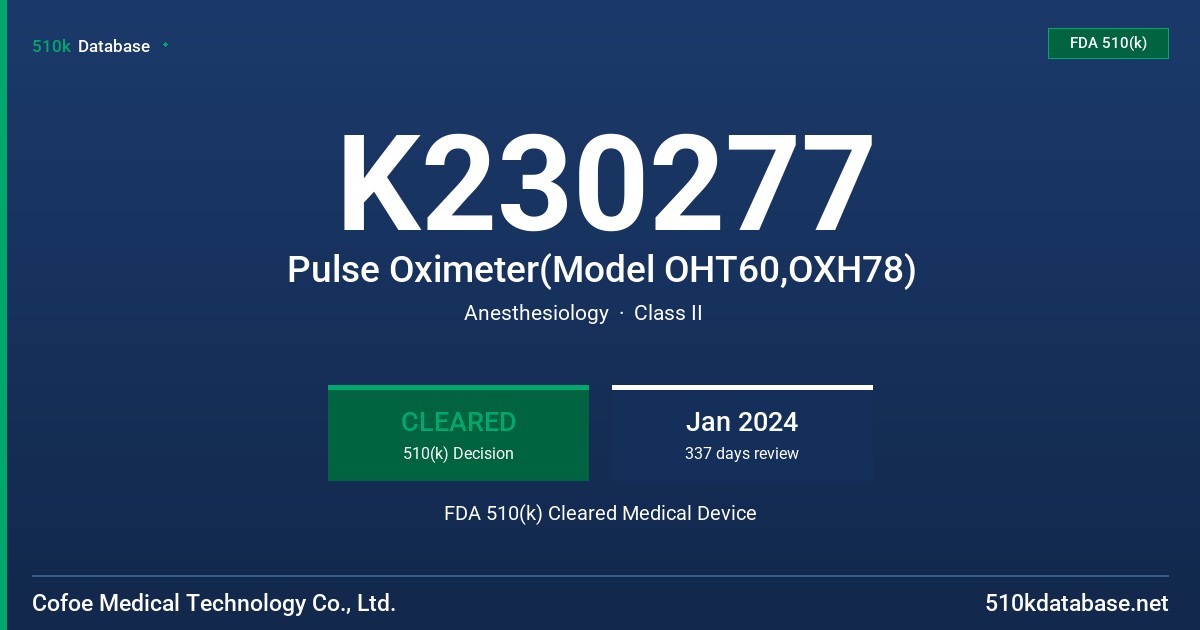 K230277 Pulse Oximeter(Model OHT60,OXH78) FDA 510(k) Cleared Medical Device