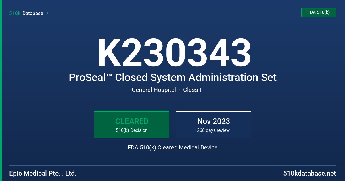 K230343 ProSeal™ Closed System Administration Set FDA 510(k) Cleared Medical Device