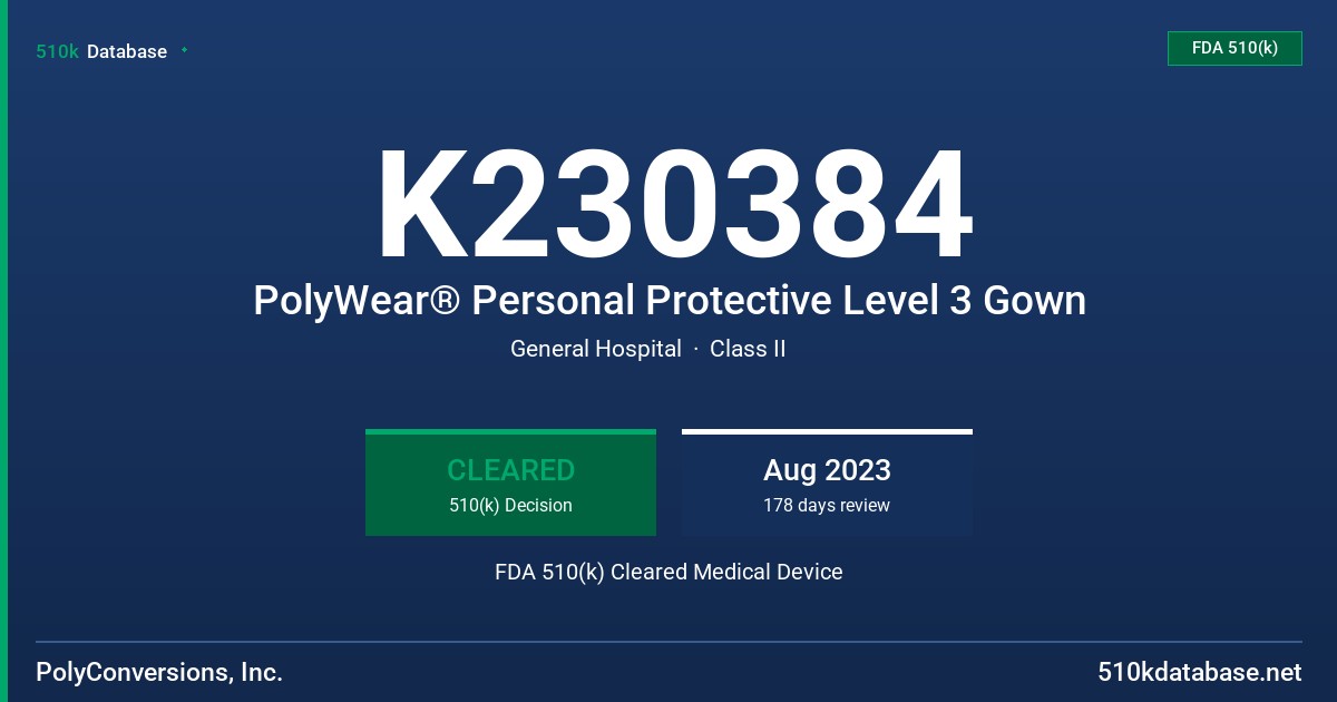 K230384 PolyWear® Personal Protective Level 3 Gown FDA 510(k) Cleared Medical Device