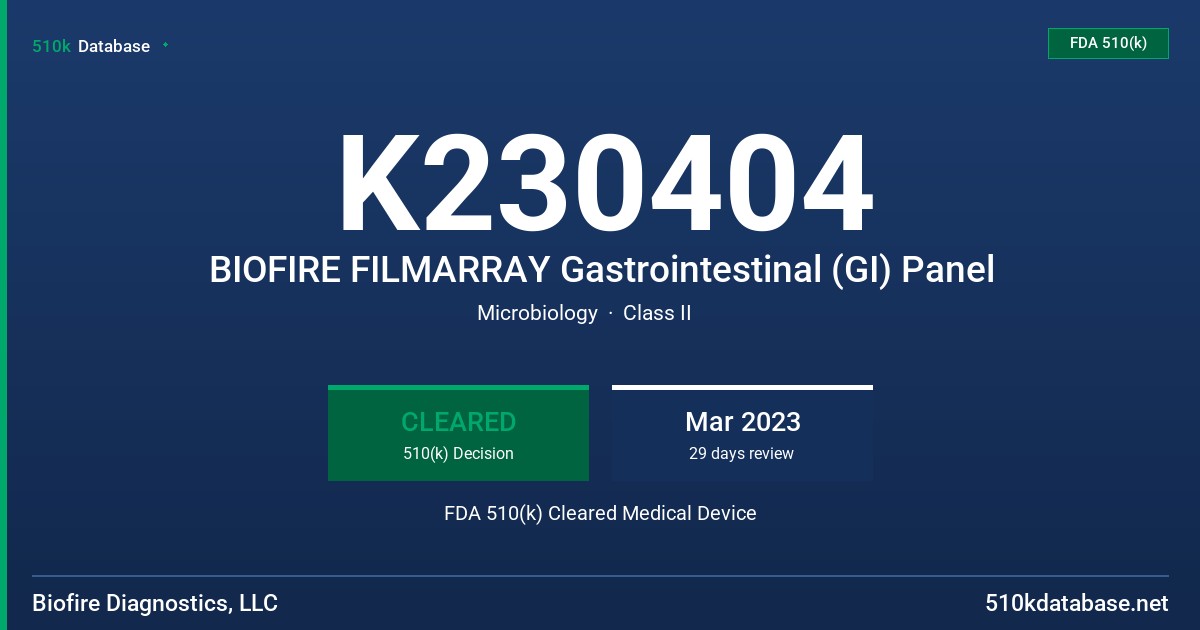 K230404 BIOFIRE FILMARRAY Gastrointestinal (GI) Panel FDA 510(k) Cleared Medical Device
