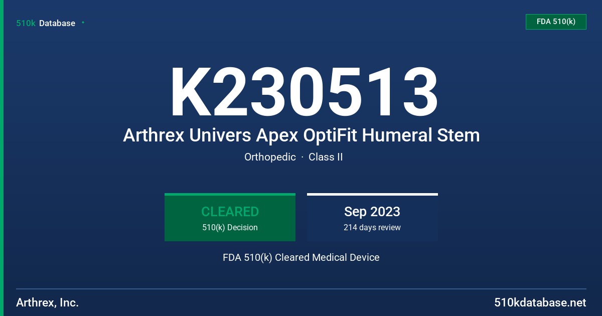 K230513 Arthrex Univers Apex OptiFit Humeral Stem FDA 510(k) Cleared Medical Device