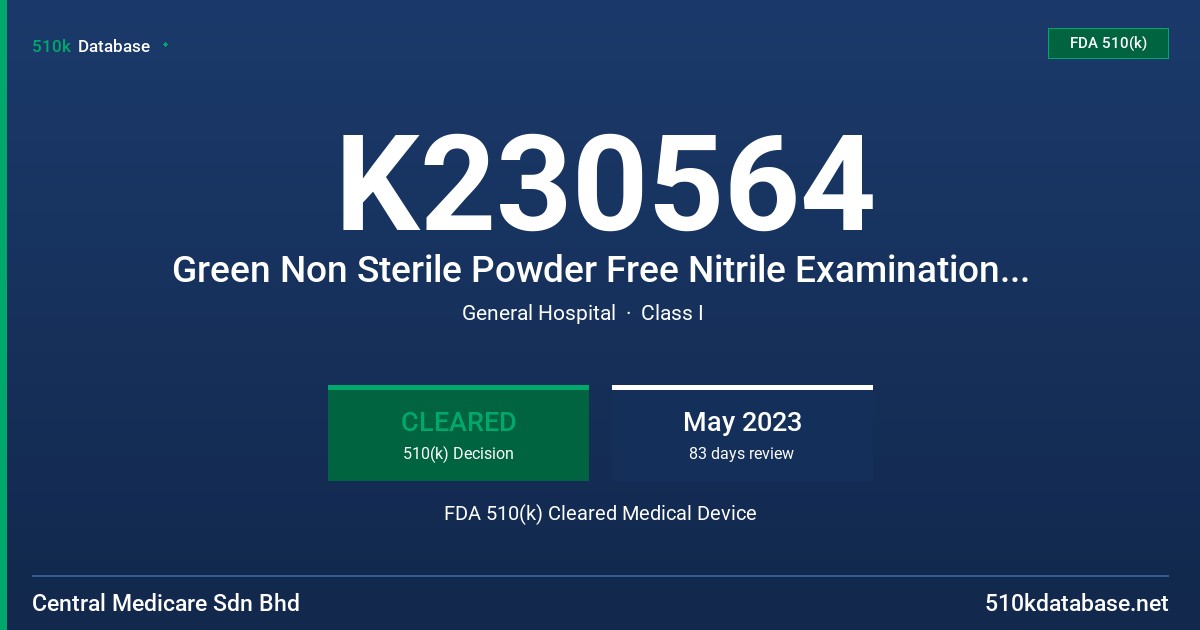 K230564 Green Non Sterile Powder Free Nitrile Examination Gloves FDA 510(k) Cleared Medical Device
