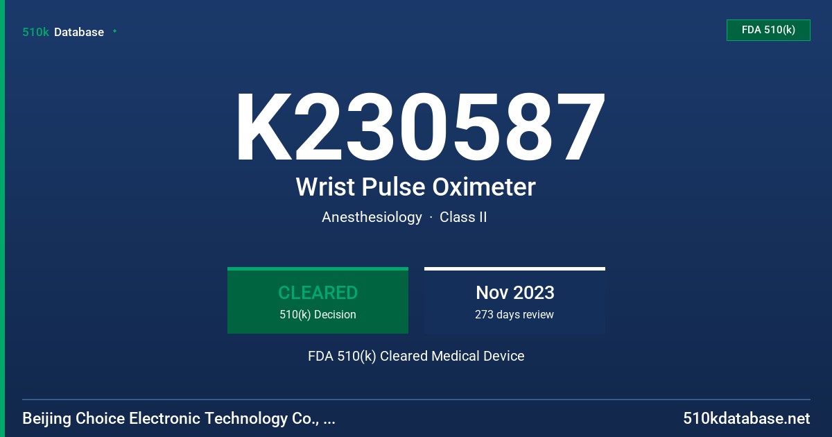 K230587 Wrist Pulse Oximeter FDA 510(k) Cleared Medical Device