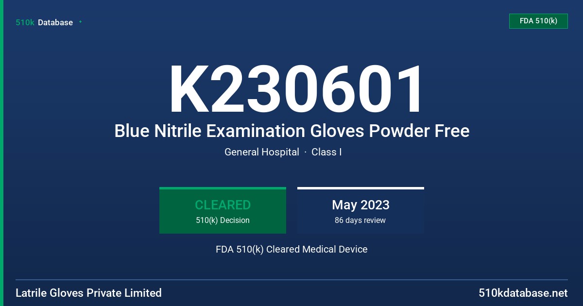 K230601 Blue Nitrile Examination Gloves Powder Free FDA 510(k) Cleared Medical Device