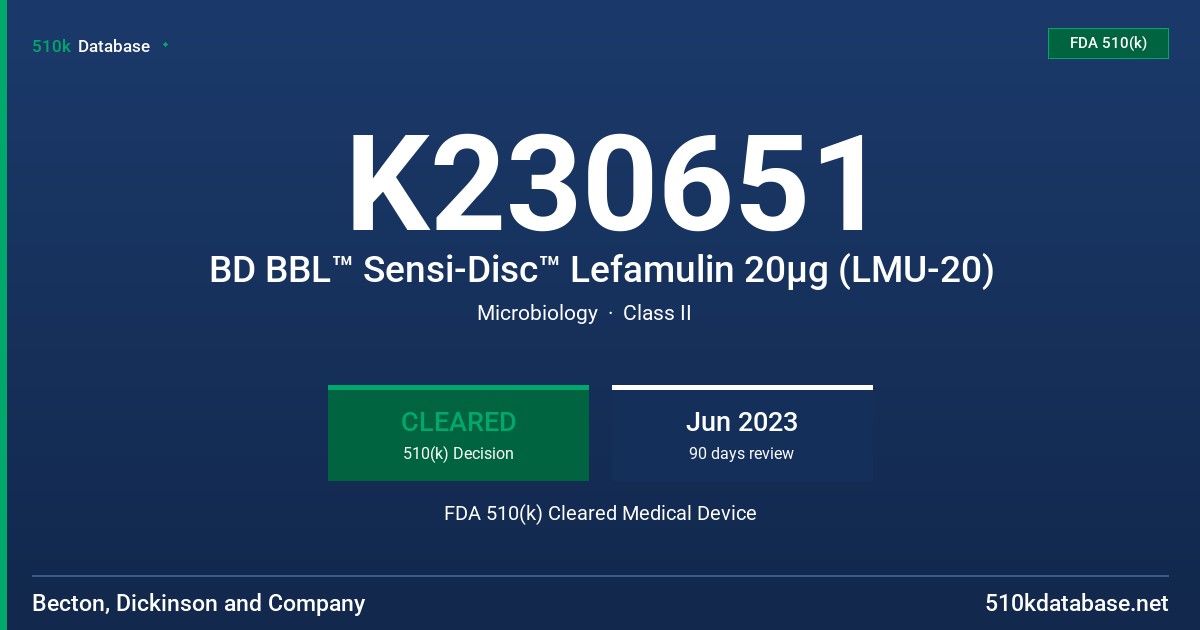 K230651 BD BBL™ Sensi-Disc™ Lefamulin 20µg (LMU-20) FDA 510(k) Cleared Medical Device