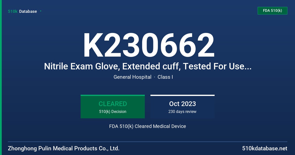 K230662 Nitrile Exam Glove, Extended cuff, Tested For Use With Chemotherapy Drugs, Fentanyl Citrate, And Select Other Drugs FDA 510(k) Cleared Medical Device