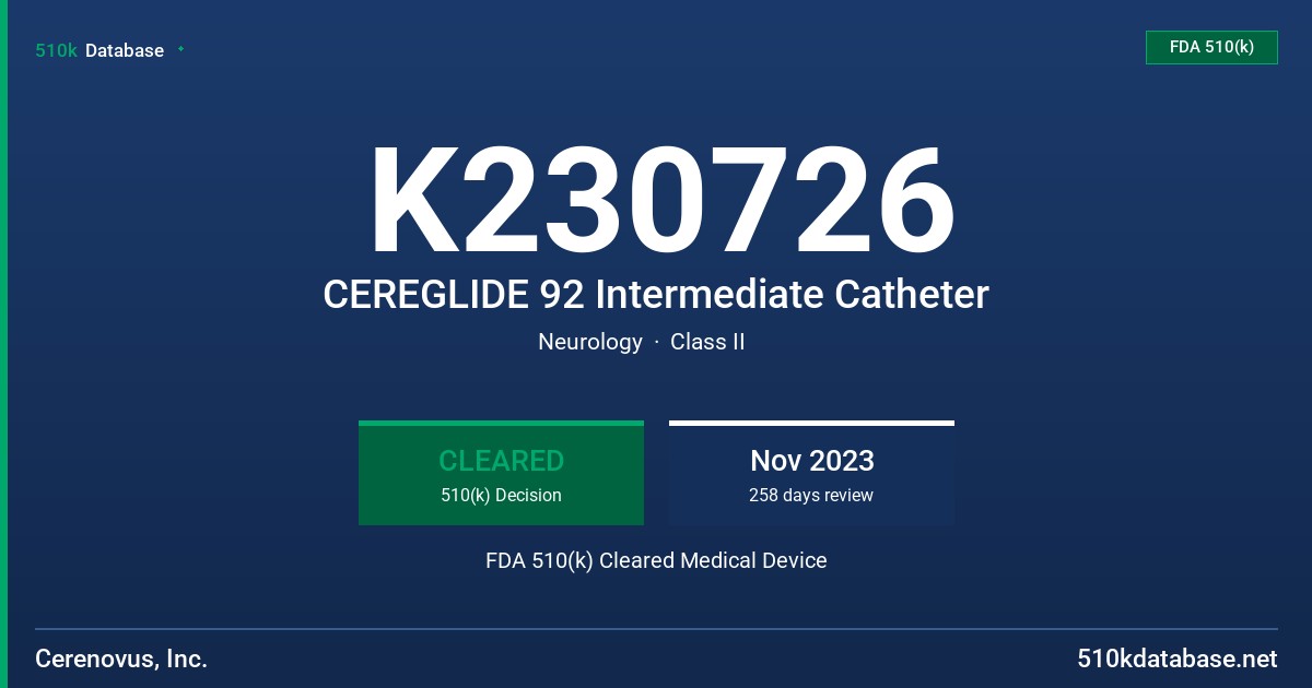 K230726 CEREGLIDE 92 Intermediate Catheter FDA 510(k) Cleared Medical Device