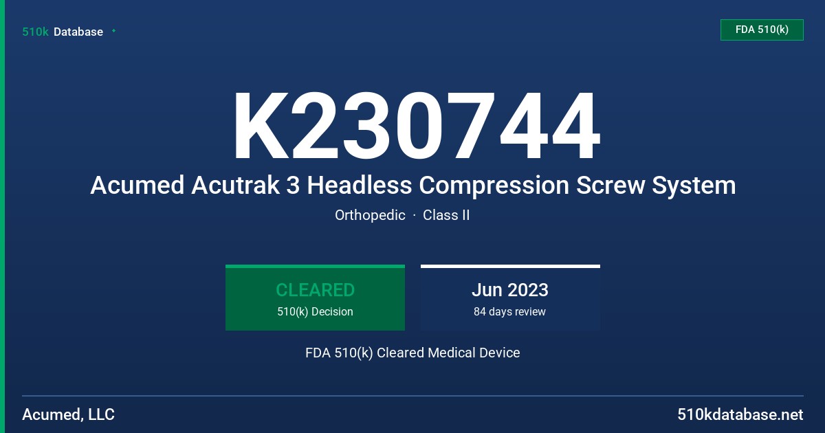 K230744 Acumed Acutrak 3 Headless Compression Screw System FDA 510(k) Cleared Medical Device