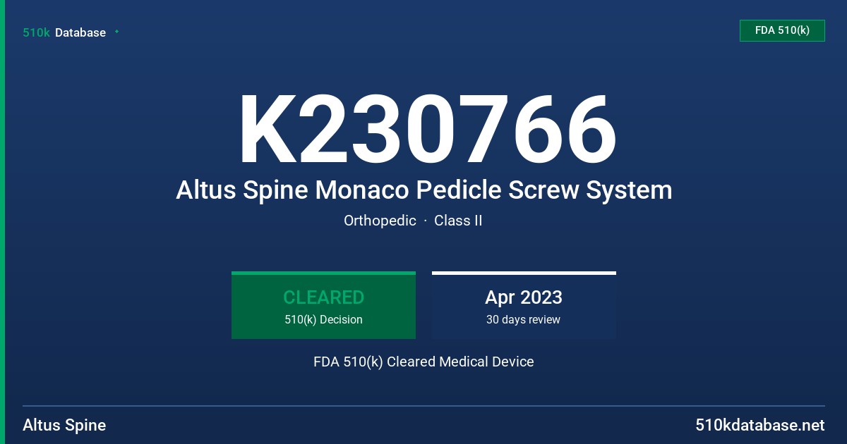 K230766 Altus Spine Monaco Pedicle Screw System FDA 510(k) Cleared Medical Device