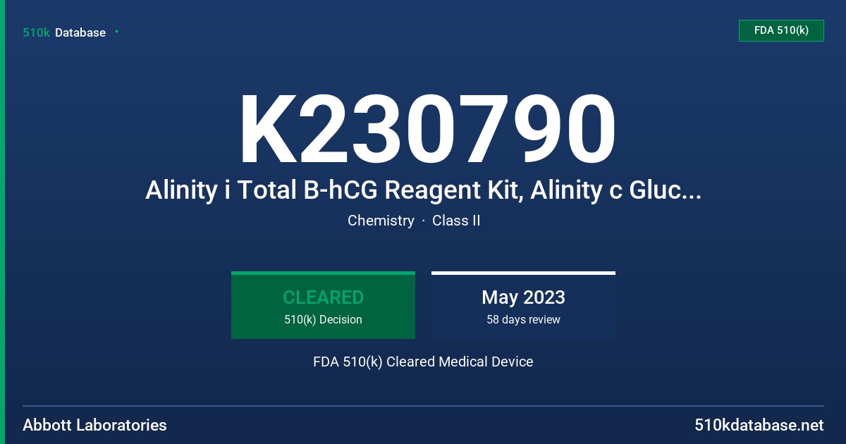 K230790 Alinity i Total B-hCG Reagent Kit, Alinity c Glucose Reagent Kit, Alinity c ICT Sample Diluent, Alinity ci-series FDA 510(k) Cleared Medical Device