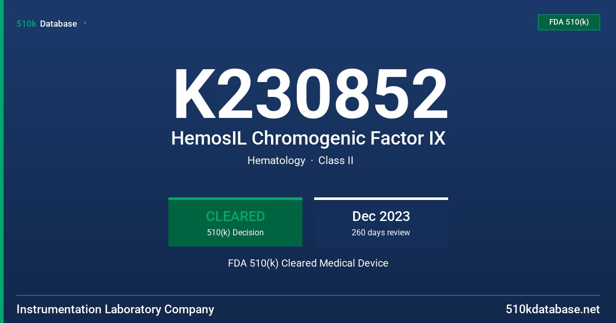K230852 HemosIL Chromogenic Factor IX FDA 510(k) Cleared Medical Device