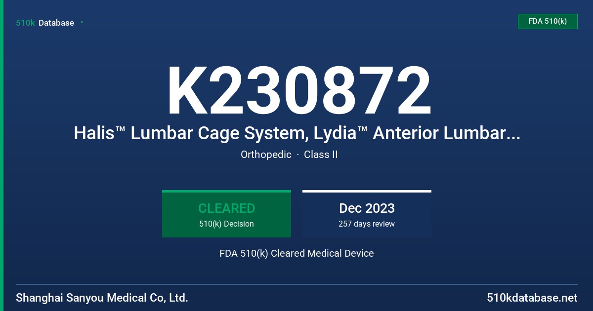 K230872 Halis™ Lumbar Cage System, Lydia™ Anterior Lumbar Fusion System, Dica™ Direction Changeable Lumbar Cage System, KEYSTONE Cage System FDA 510(k) Cleared Medical Device