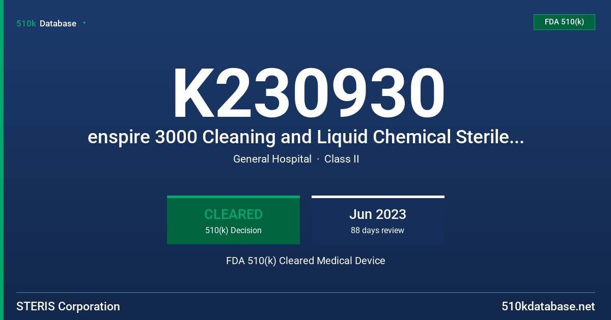 K230930 enspire 3000 Cleaning and Liquid Chemical Sterile Processing System FDA 510(k) Cleared Medical Device