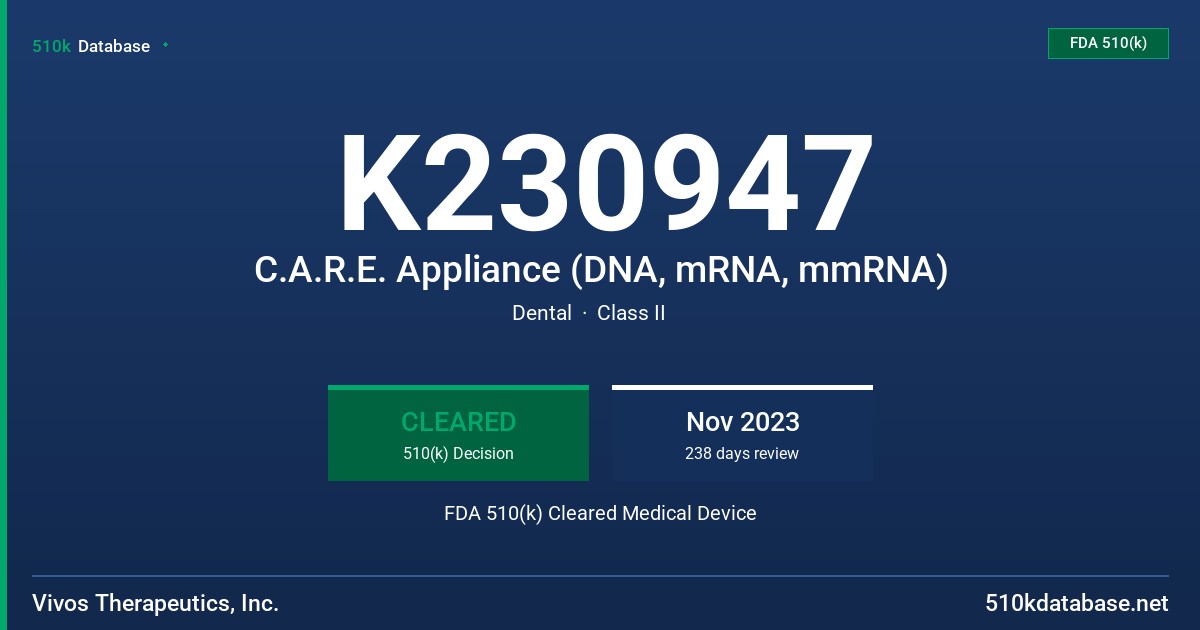 K230947 C.A.R.E. Appliance (DNA, mRNA, mmRNA) FDA 510(k) Cleared Medical Device