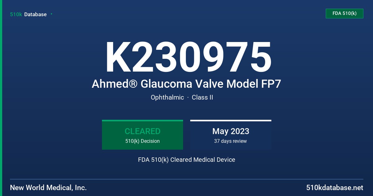 K230975 Ahmed® Glaucoma Valve Model FP7 FDA 510(k) Cleared Medical Device