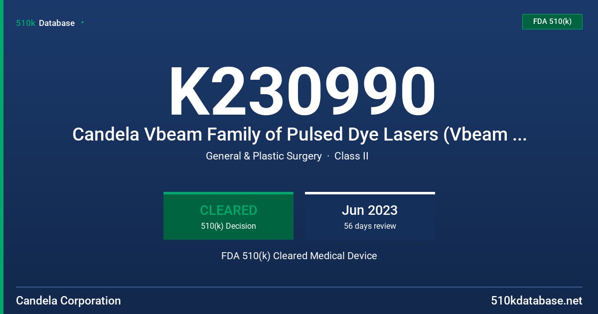 K230990 Candela Vbeam Family of Pulsed Dye Lasers (Vbeam Prima, Vbeam Perfecta) FDA 510(k) Cleared Medical Device