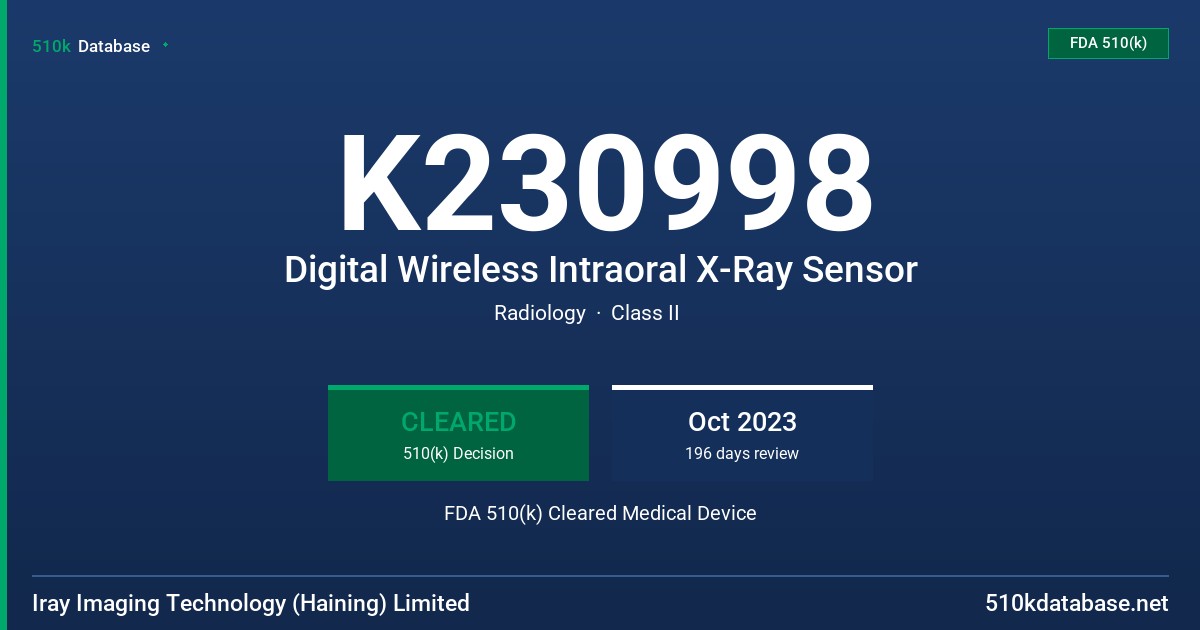 K230998 Digital Wireless Intraoral X-Ray Sensor FDA 510(k) Cleared Medical Device