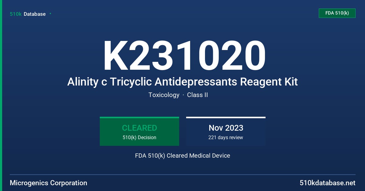 K231020 Alinity c Tricyclic Antidepressants Reagent Kit FDA 510(k) Cleared Medical Device