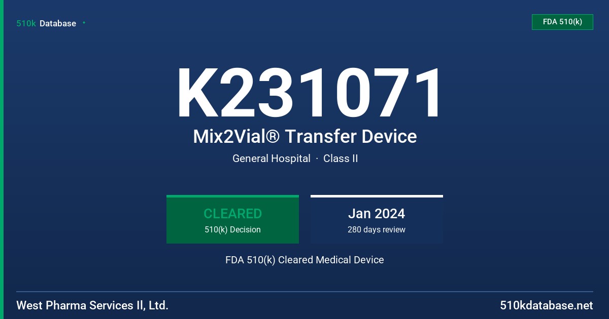 K231071 Mix2Vial® Transfer Device FDA 510(k) Cleared Medical Device