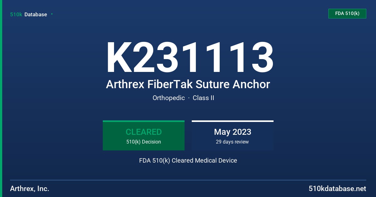 K231113 Arthrex FiberTak Suture Anchor FDA 510(k) Cleared Medical Device
