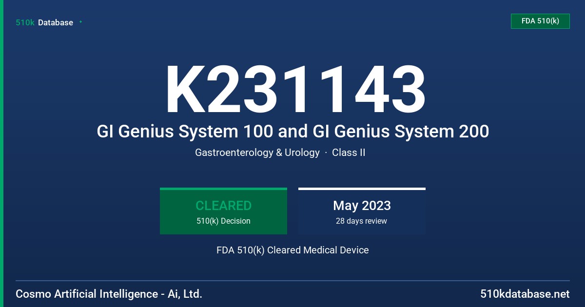 K231143 GI Genius System 100 and GI Genius System 200 FDA 510(k) Cleared Medical Device