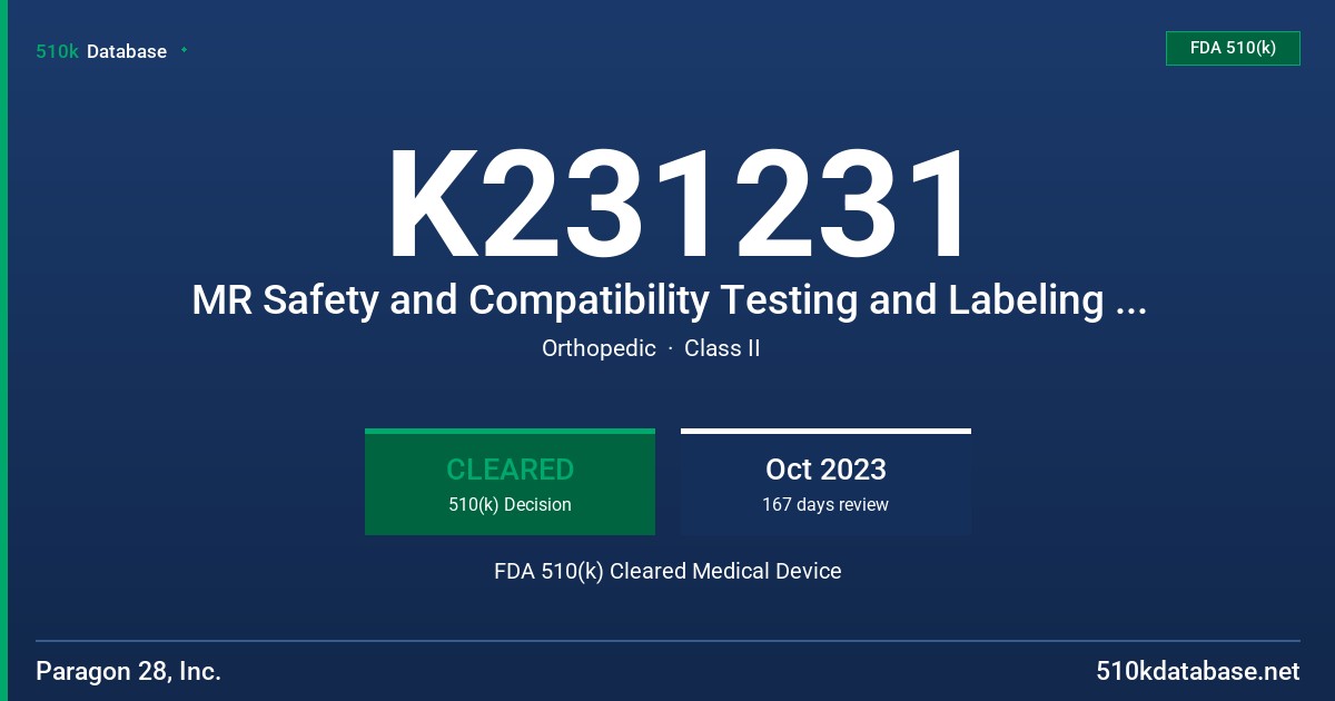 K231231 MR Safety and Compatibility Testing and Labeling for Paragon 28 Orthopedic Fixation Devices FDA 510(k) Cleared Medical Device
