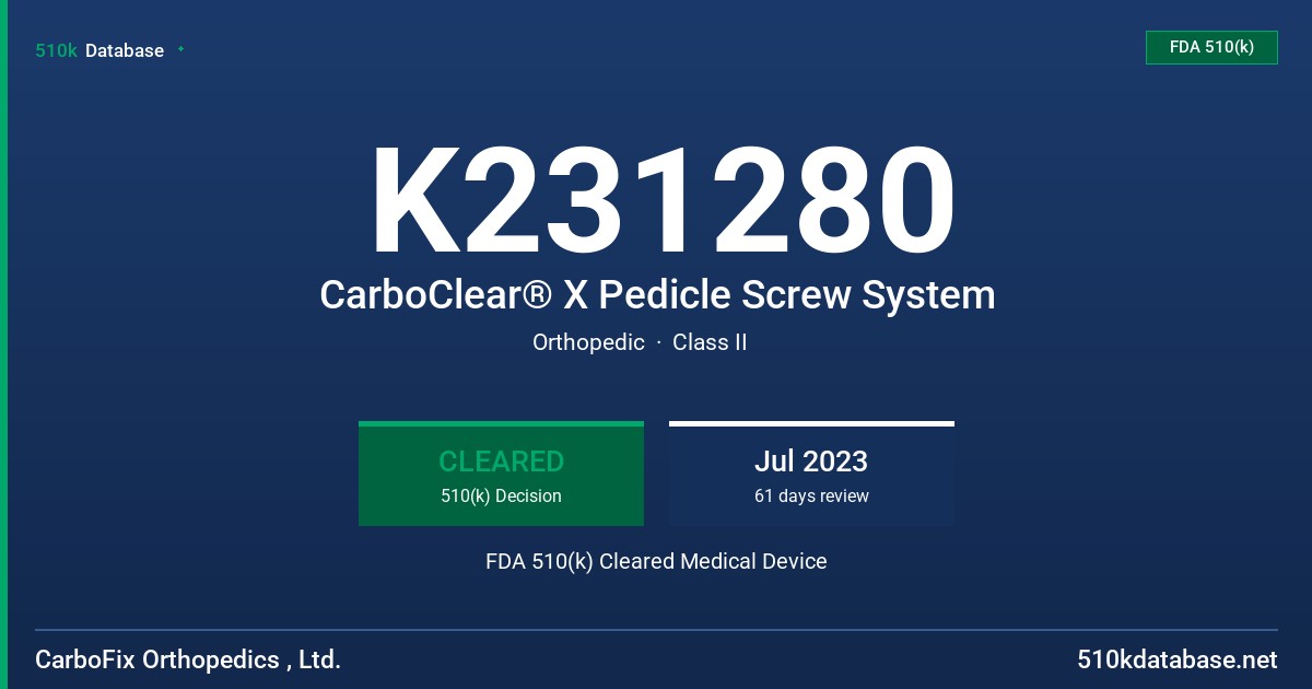 K231280 CarboClear® X Pedicle Screw System FDA 510(k) Cleared Medical Device