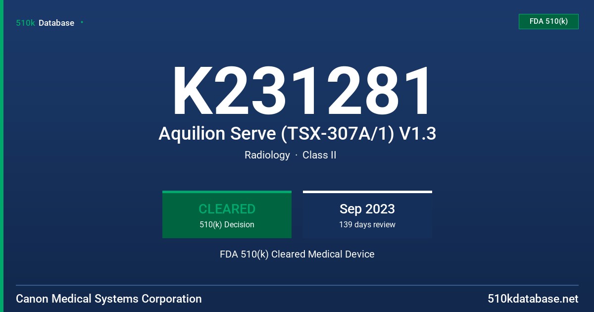 K231281 Aquilion Serve (TSX-307A/1) V1.3 FDA 510(k) Cleared Medical Device