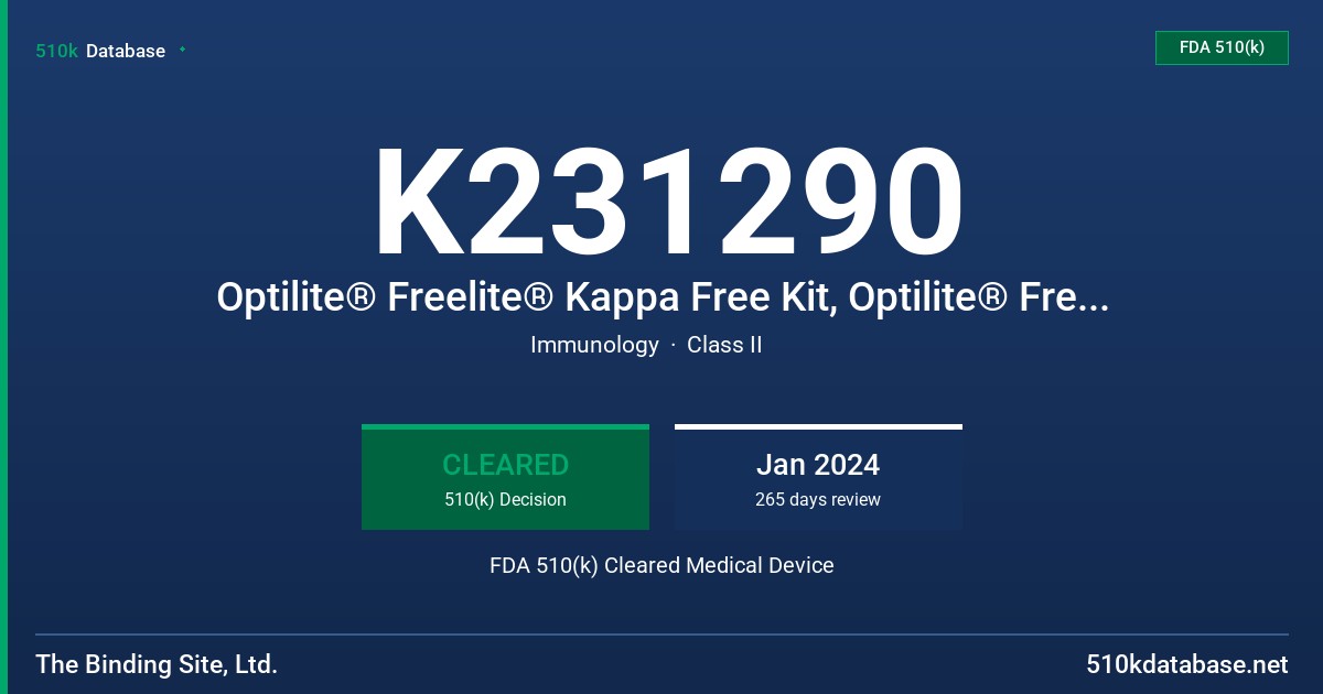 K231290 Optilite® Freelite® Kappa Free Kit, Optilite® Freelite® Lambda Free Kit FDA 510(k) Cleared Medical Device