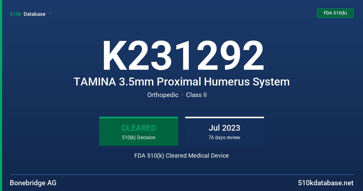 K231292 TAMINA 3.5mm Proximal Humerus System FDA 510(k) Cleared Medical Device