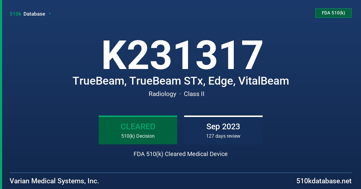 K231317 TrueBeam, TrueBeam STx, Edge, VitalBeam FDA 510(k) Cleared Medical Device