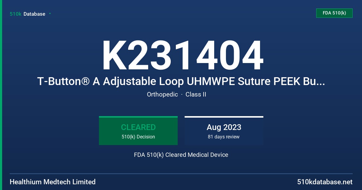 K231404 T-Button® A Adjustable Loop UHMWPE Suture PEEK Button, Close Button, T-Button® S Adjustable Loop UHMWPE Suture PEEK Button, Open Button FDA 510(k) Cleared Medical Device