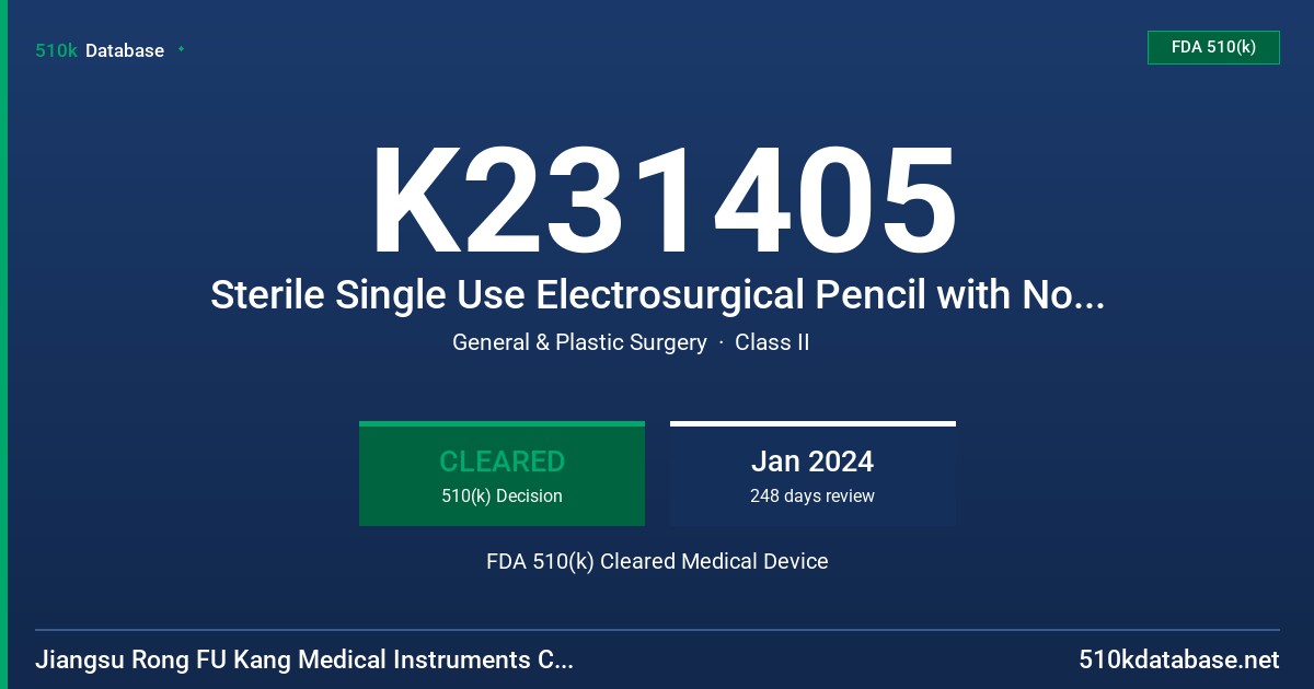 K231405 Sterile Single Use Electrosurgical Pencil with Non-Coated Electrode, Sterile Single Use Electrosurgical Pencil with Non-Stick Electrode FDA 510(k) Cleared Medical Device