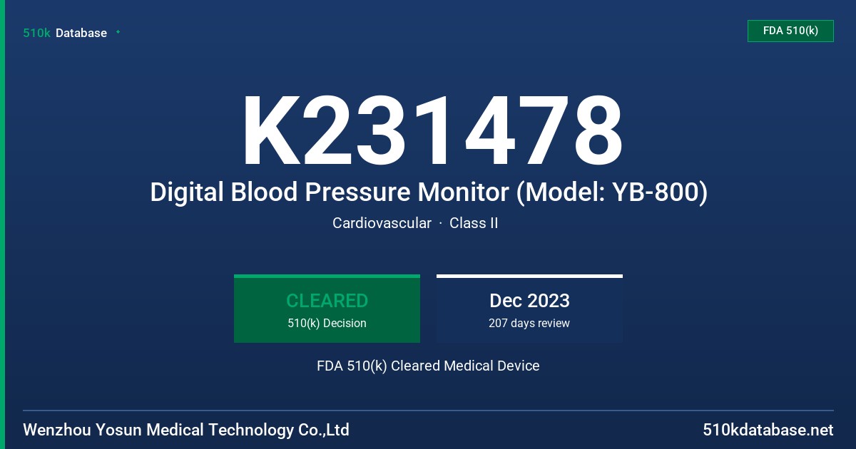 K231478 Digital Blood Pressure Monitor (Model: YB-800) FDA 510(k) Cleared Medical Device