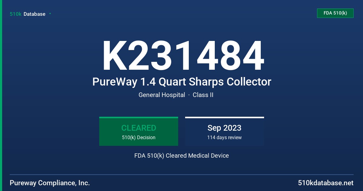 K231484 PureWay 1.4 Quart Sharps Collector FDA 510(k) Cleared Medical Device