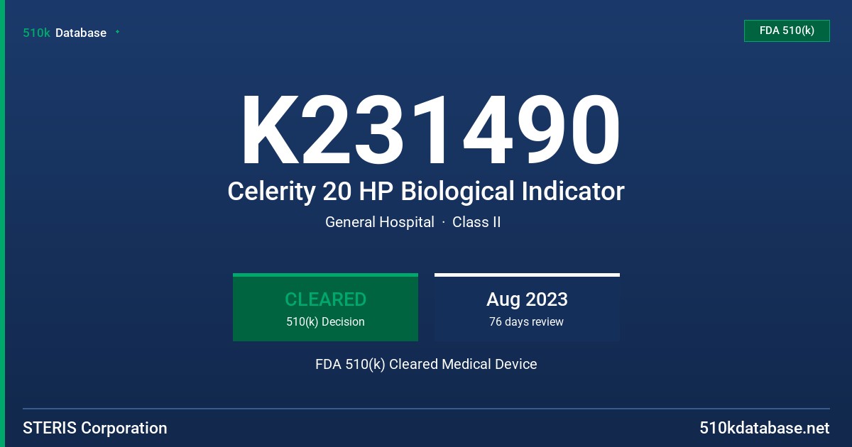 K231490 Celerity 20 HP Biological Indicator FDA 510(k) Cleared Medical Device