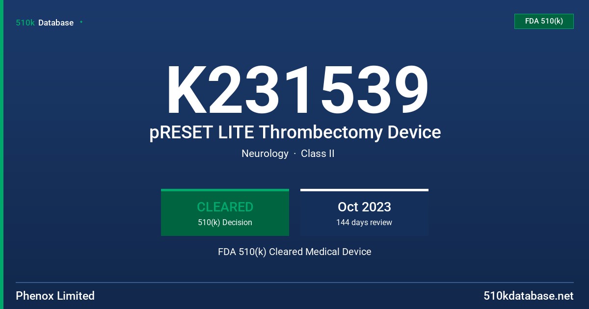 K231539 pRESET LITE Thrombectomy Device FDA 510(k) Cleared Medical Device
