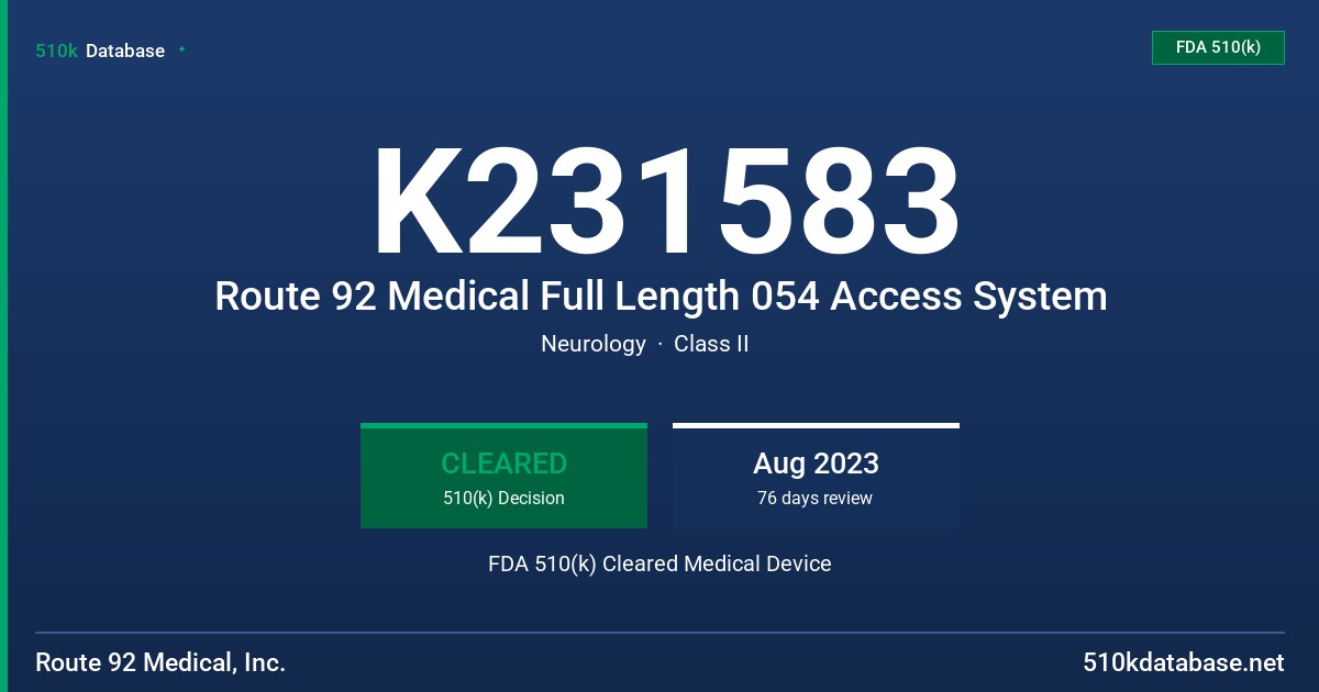 K231583 Route 92 Medical Full Length 054 Access System FDA 510(k) Cleared Medical Device