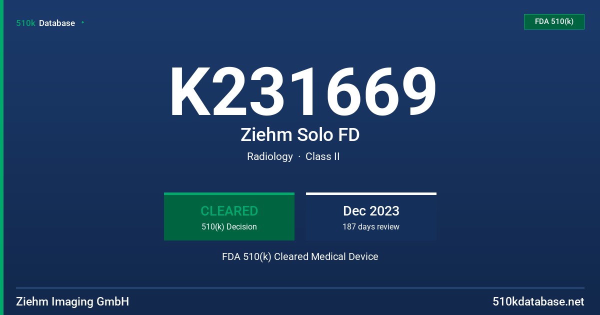 K231669 Ziehm Solo FD FDA 510(k) Cleared Medical Device