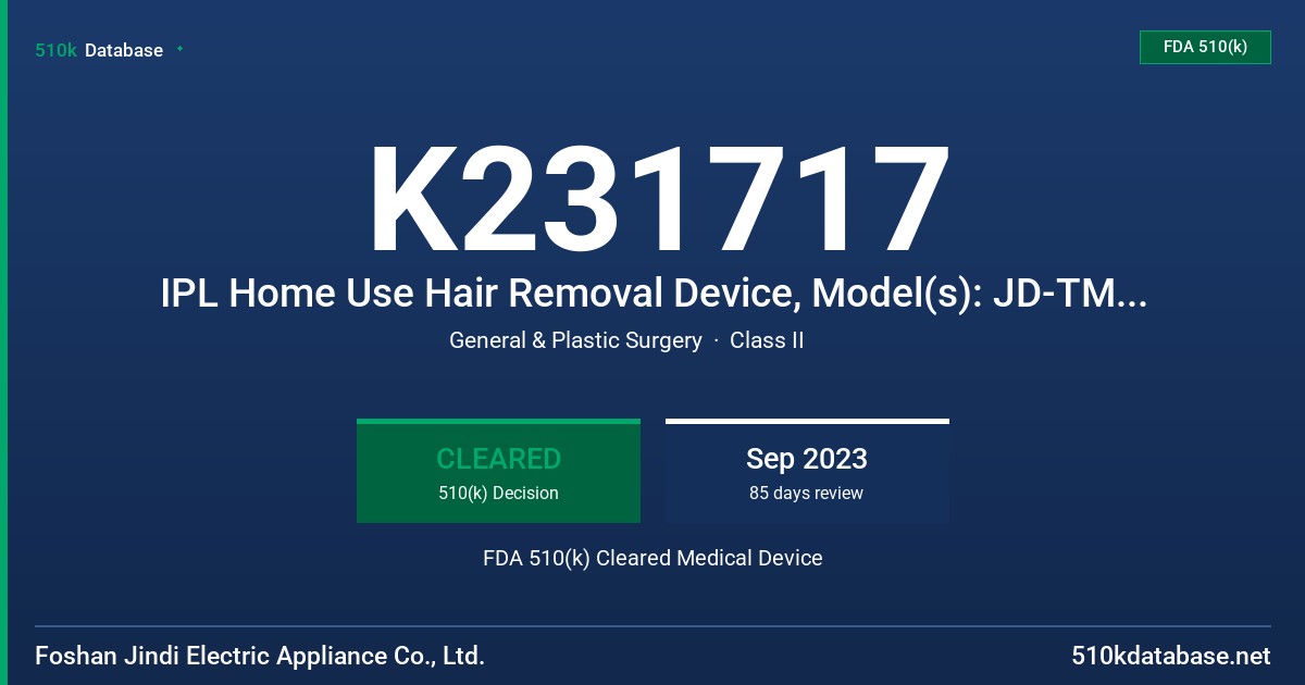 K231717 IPL Home Use Hair Removal Device, Model(s): JD-TM002, JD-TM003, JD-TM012, JD-TM016, JD-TM022 FDA 510(k) Cleared Medical Device