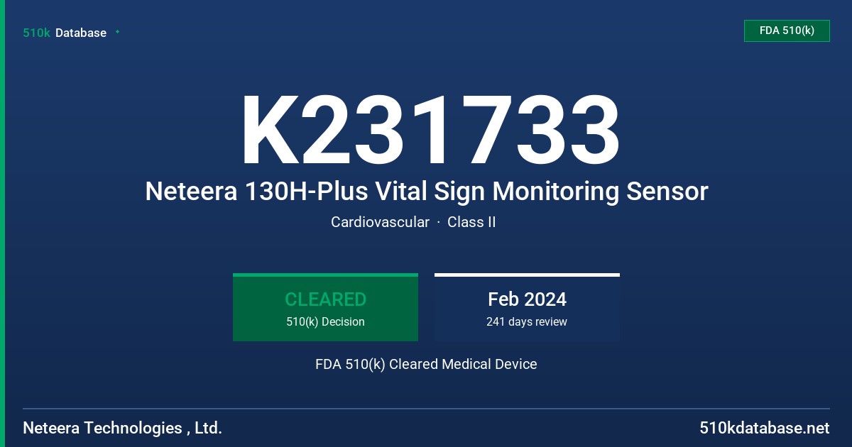 K231733 Neteera 130H-Plus Vital Sign Monitoring Sensor FDA 510(k) Cleared Medical Device