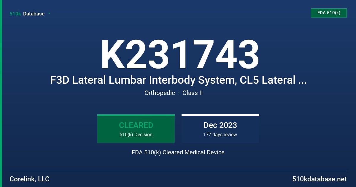 K231743 F3D Lateral Lumbar Interbody System, CL5 Lateral Lumbar Interbody System, and Oro Lateral Plate System FDA 510(k) Cleared Medical Device
