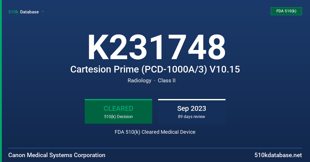 K231748 Cartesion Prime (PCD-1000A/3) V10.15 FDA 510(k) Cleared Medical Device