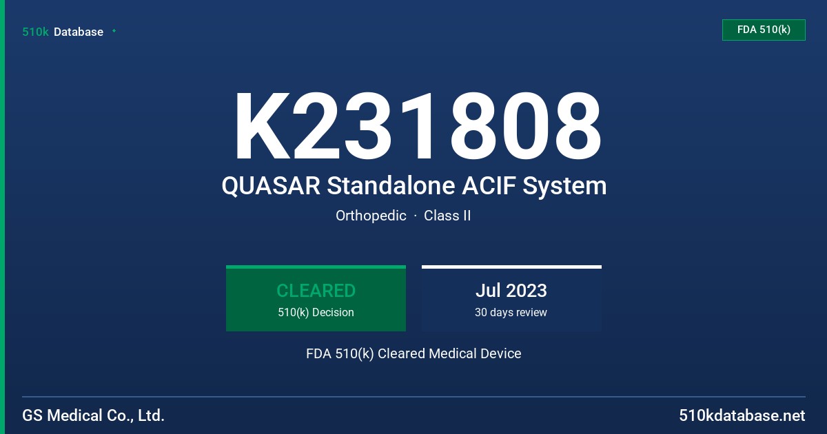 K231808 QUASAR Standalone ACIF System FDA 510(k) Cleared Medical Device