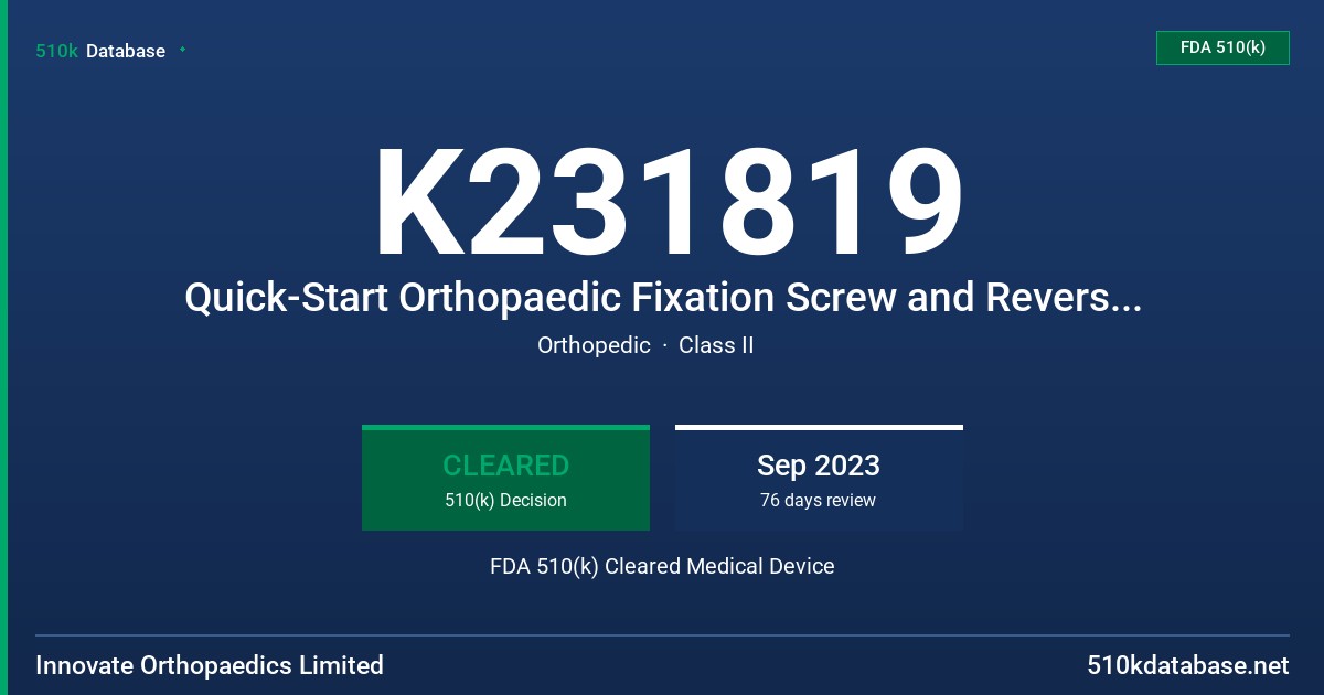 K231819 Quick-Start Orthopaedic Fixation Screw and Reverse Thread Screw FDA 510(k) Cleared Medical Device