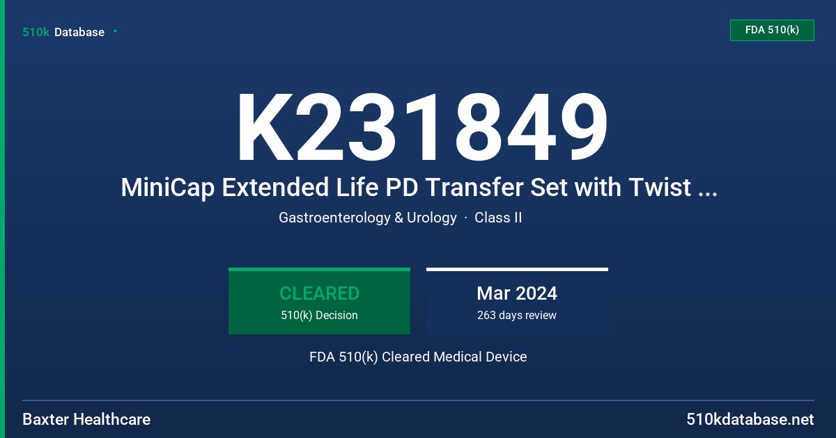 K231849 MiniCap Extended Life PD Transfer Set with Twist Clamp - Code 5C4482A FDA 510(k) Cleared Medical Device
